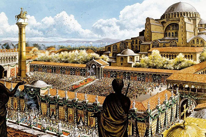 Вид на площадь Августеон и собор Святой Софии времен Константинополя.3D-реконструкция